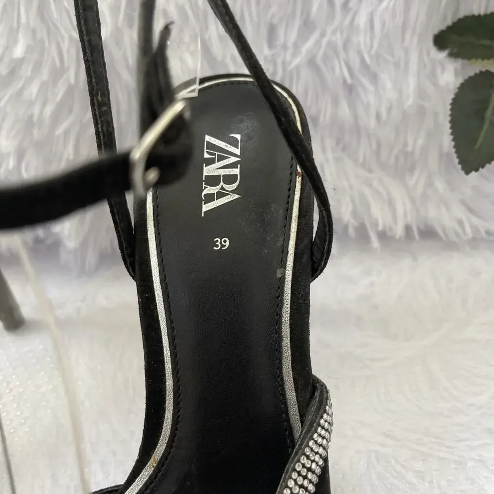 ZARA Black Rhinestone Square Toe Slingback Stiletto Heels EU 39 Women’s - Picture 5 of 8